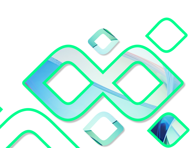 Abstract Lenvi brand graphic with flowing lines and geometric shapes in green and blue tones