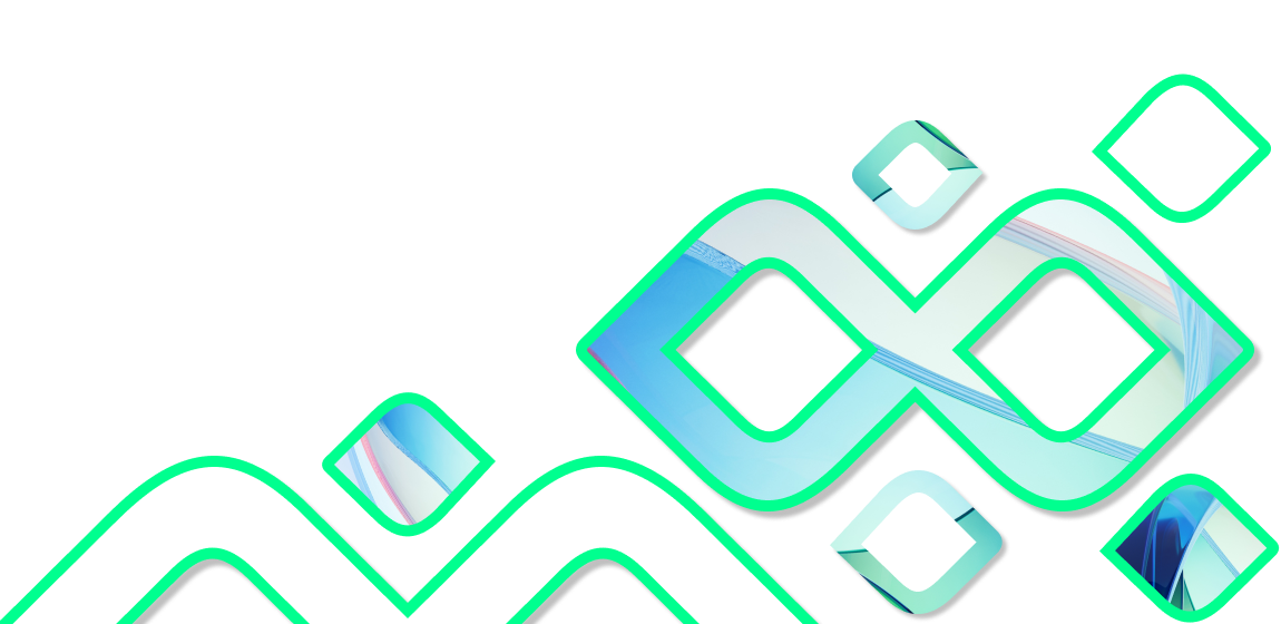Abstract Lenvi brand graphic with flowing lines and geometric shapes in green and blue tones