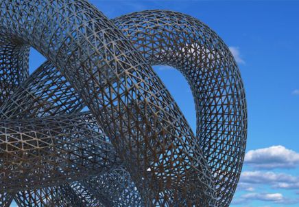 Lenvi abstract image of interwoven black mesh pipes on a blue sky background