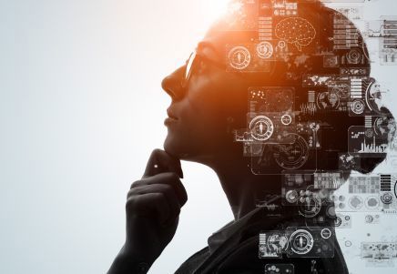 Person overlaid with AI-driven data analytics and dashboards representing financial risk management and regulatory compliance
