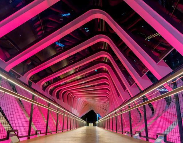 Lenvi image of a bridge with pink roof bars and metal railings from worms eye view