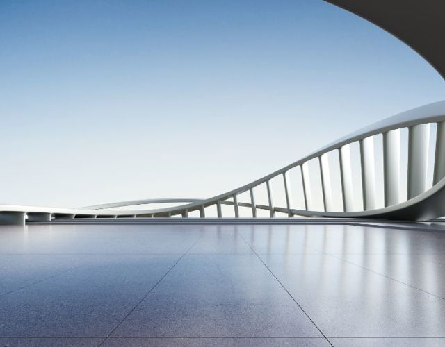 Lenvi image of worms eye view of a patterned glass roof inside a building