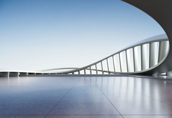 Lenvi image of worms eye view of a patterned glass roof inside a building