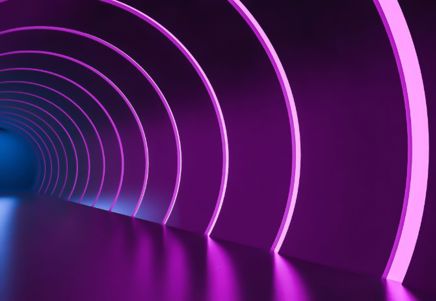 Futuristic purple illuminated tunnel, symbolising Lenvi's investment in team innovation and new technologies.
