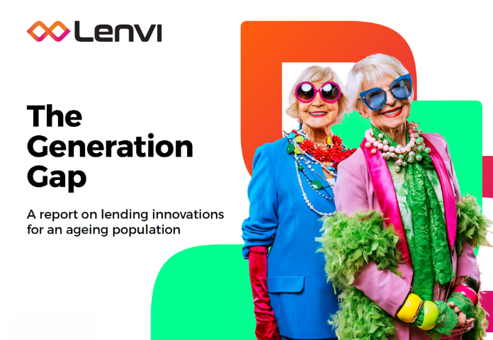 Cover of a Lenvi report titled 'The Generation Gap: A report on lending innovations for an ageing population.' The image features two stylish older women dressed in colorful, eclectic fashion with oversized sunglasses, vibrant accessories, and bold outfits. The Lenvi logo appears at the top left, with colorful graphic shapes in the background.