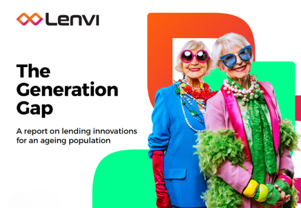 Cover of a Lenvi report titled 'The Generation Gap: A report on lending innovations for an ageing population.' The image features two stylish older women dressed in colorful, eclectic fashion with oversized sunglasses, vibrant accessories, and bold outfits. The Lenvi logo appears at the top left, with colorful graphic shapes in the background.