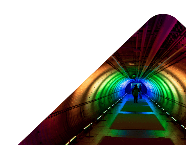Lenvi loan management software header banner image multi coloured tunnel with a figure in the background