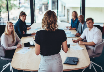 Woman Addressing Board Room Of People